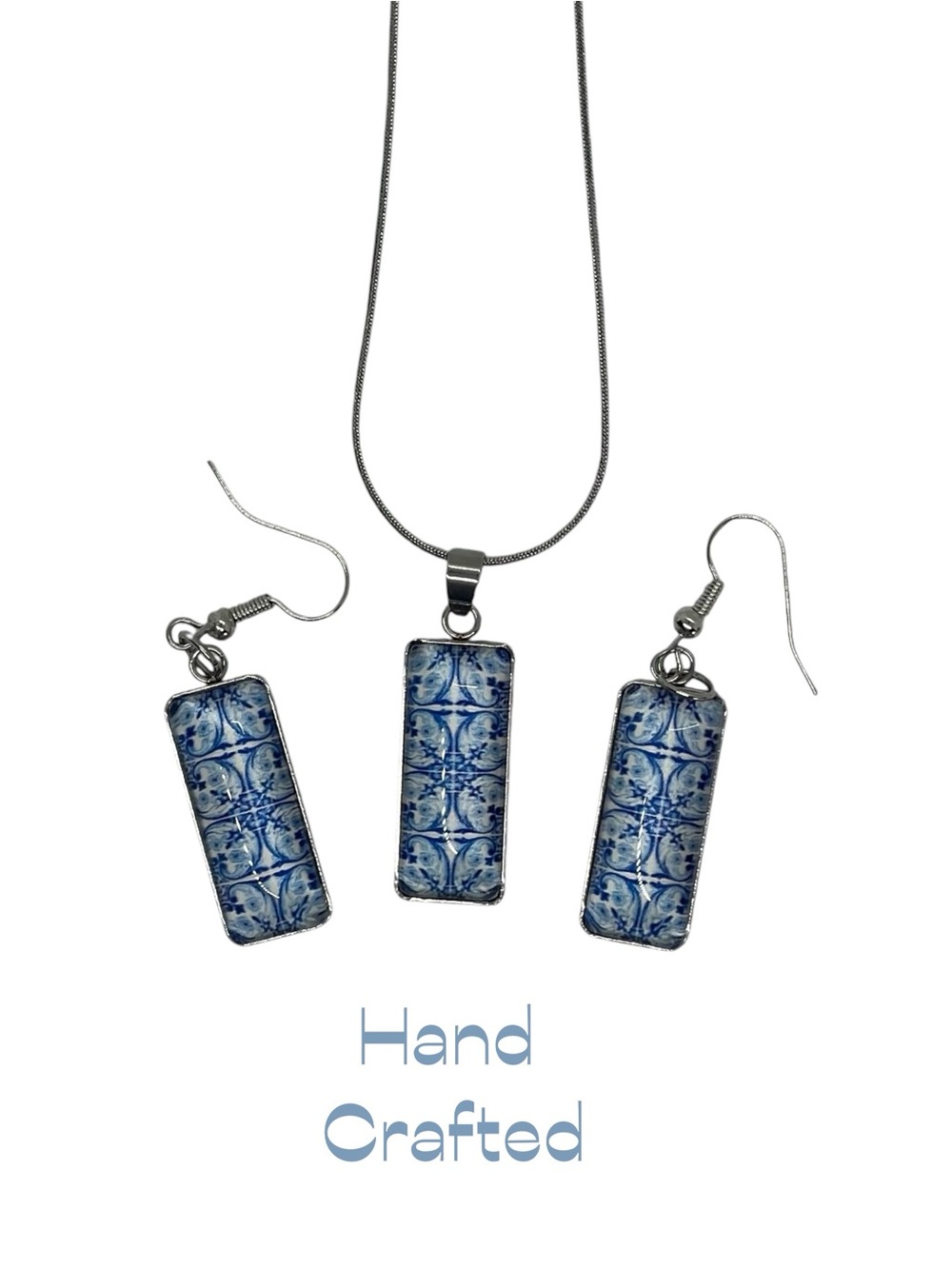 Hand Crafted Blue White Glass Rectangle Pendant Necklace Earrings Set NWT